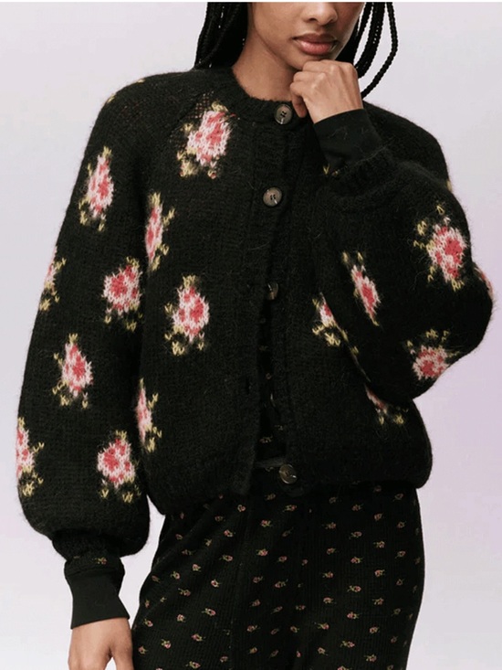 THE GREAT. Sweaters - The Great The Carousel Cardigan Black Heirloom Rose Size 1 / Small